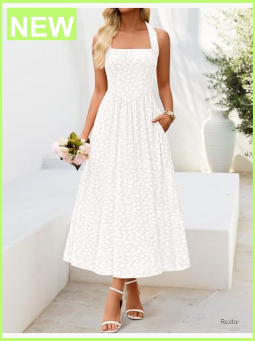 Sleeveless Floral Halter Maxi Dress - Flowy A-Line Midi Dress - Picture 4 of 7